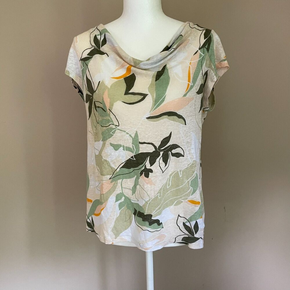 NicoleMiller 100% Linen Size M Woodland Leaf Print Boho Cowl Neck Warm Neutrals